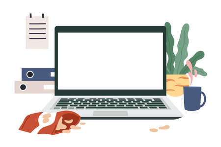 Plain laptop screen mockup template. Work setup with plant, file holder, coffee mug, and potato chips. Flat vector illustration isolated on white backgroundのイラスト素材