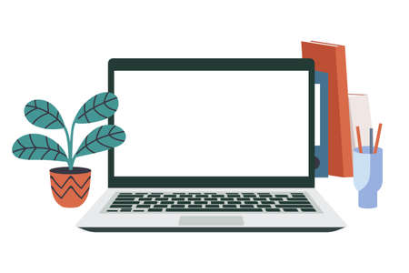 Empty laptop screen template. Work setup with plant, books, file holder, and pencil case. Flat vector illustration isolated on white backgroundのイラスト素材