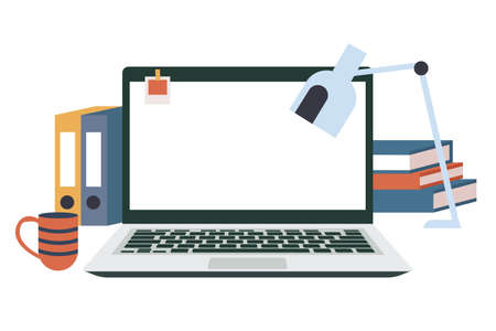 Office desk work setup with table lamp, striped coffee mug, file holders, and stacked books. Plain laptop screen for mockup template. Flat vector illustration isolated on white backgroundのイラスト素材