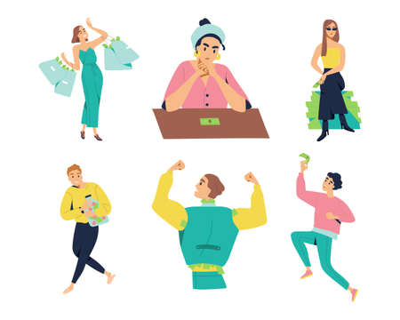 Set of character spending with money. Rich man and woman, poor person happily getting money. Flat vector colorful illustration isolated on white backgroundのイラスト素材