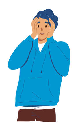 Surprised male character in blue hoodie. Happy face young teen person. Flat vector illustration isolated on white backgroundのイラスト素材