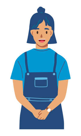 Cheerful girl character wearing blue jeans suspender and blue shirt. Young and happy person vector illustration isolated on white backgroundのイラスト素材