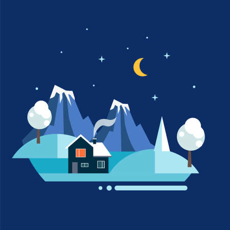 Small rural house in the middle of snow winter environment landscape under the night skyのイラスト素材