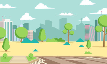 City park landscape with trees and skyscraper on the horizon. Green city concept with open public space.のイラスト素材