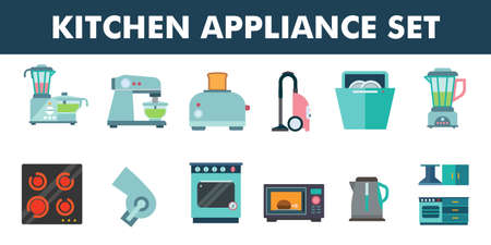 Collection of kitchen appliances and equipment assets for cooking, baking, and cleaning icon. Flat vector illustration isolated on white backgroundのイラスト素材