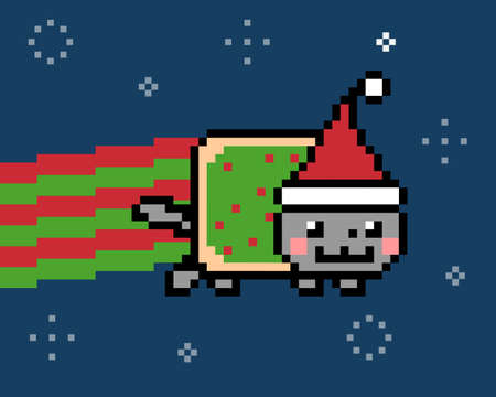 Christmas cat wearing santa hat in space with red and green smoke vector meme isolated on white background. Colorful 8 bit pixel art. Flat digital vector illustrationのイラスト素材