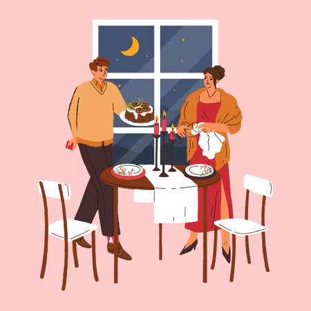 Romantic valentine dinner date night. Surprise for engagement proposal. Setting the table and lighting candles. Flat vector illustrationのイラスト素材