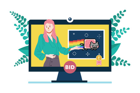 NFT art online auction. Cat meme on sale from home computer monitor illustration. Lady hosting online bidding showのイラスト素材