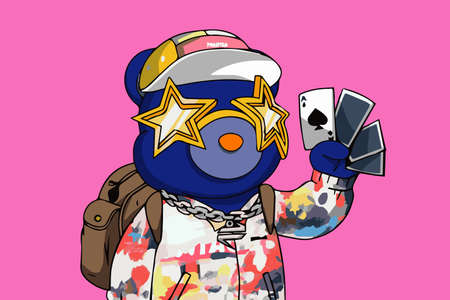 Blue phanta bear  magician holding cards wearing colorful hoodie and cap NFT art illustrationの写真素材