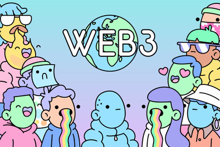 Web 3.0 Doodles with NFT characters. Futuristic crypto currency blockchain based technology innovationのイラスト素材