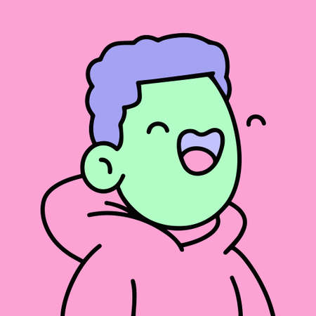 Doodles NFT logo. Boy puking pastel color rainbow isolated on pink background. Flat vector illustrationのイラスト素材
