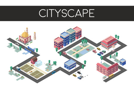 Cityscape isometric icons set with city buildings and streets isolated vector illustrationのイラスト素材