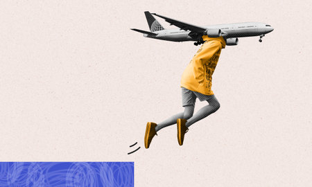 Leap of faith contemporary collage art concept. Person jumping out of a cliff believing he can fly, symbol of confidence in trying new things, making big step.の写真素材