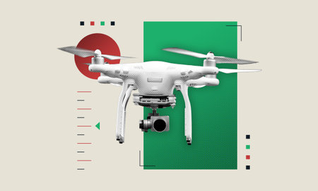 Drone collage digital contemporary art. Modern flying technology to help capture aerial photo and...