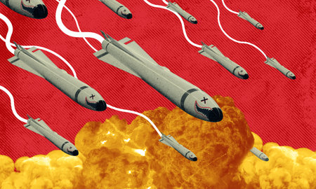 Collage art of missile attack causing mass destruction and explosion. Military atomic bombing artwork. War conflict concept depicted in surrealism art style and added hand drawing.の写真素材