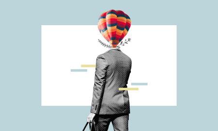 Collage art of a travelling businessman dressed in suit carrying handbag and hot air balloon for the...