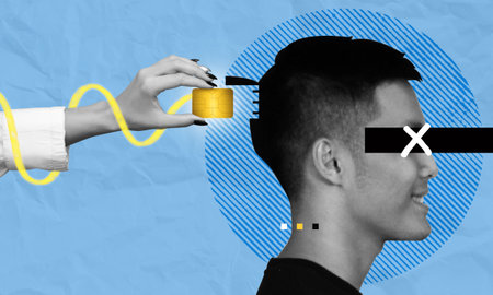 Installing neuralink brain chip implant to human head. Futuristic high tech science concept art. Science breakthrough illustration. Modern digital collageの写真素材