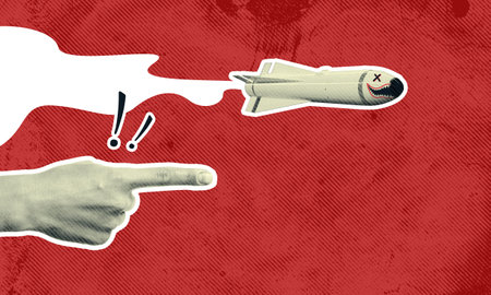 Order for missile launch from nation leader, finger pointing the direction of attack. War conflict retaliation, military invasion, aggression, hostile counterattack collage artの写真素材