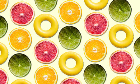 Fresh tropical summer vibes collage, summer fruits and swimming tube pattern. Colorful and cheerful background for good mood and relaxing.の写真素材