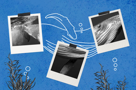 Blue whale collage arranged in black and white photograph. Modern playful design combining photo and...