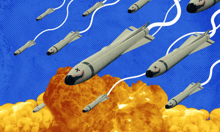 Collage art of missile attack causing mass destruction and explosion. Military atomic bombing artwork. War conflict concept.の写真素材