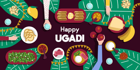 Ugadi feast celebration. Group of people gather for Hindu new year. Top down view of dinner table, hands reaching for food. Happy Ugadi greeting card - vector illustrationのイラスト素材