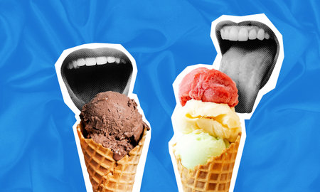 Collage art of person's mouth eating and licking ice cream. Eating cold beverage to chill during hot summer concept artの写真素材
