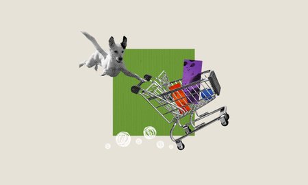 Dog pushing a shopping cart carrying bunch of items, buying discount during black Friday sale. Animal FOMO into buying merchandise collage concept artの写真素材