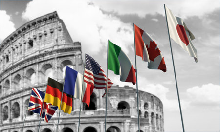 G7 summit gathering held in Italy. Flags of G7 countries group: Canada, France, Germany, Italy, Japan, UK, USA. Digital composite image.の写真素材