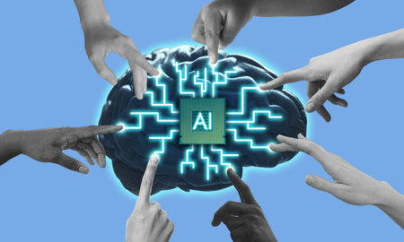Tapping into AI technology collage art. Hands touching AI brain glowing with blue energy. Easy...
