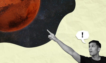Planet discovery concept collage art. Male person pointing finger to the night sky to a red glowing planet, looking surprised.の写真素材