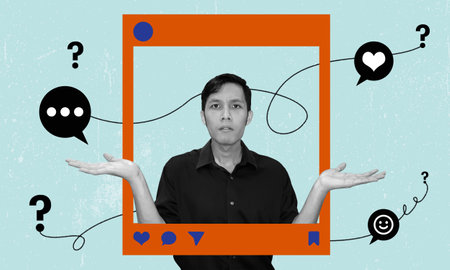 Collage of confused man framed by social media icons and symbols. Shrugging gesture with both hands raised, posting on online digital network platform.の写真素材
