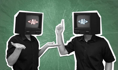 Collage art of interaction between AI. Man representing Artificial intelligence with TV head giving hand gestures to communicate, isolated on green background.の写真素材
