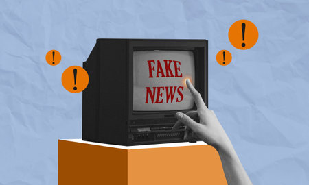Hand Pointing at Fake News on Vintage Television Screen Collage Art. Floating exclamation mark, contemporary art.の写真素材