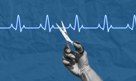 Ending life concept collage art. Hand with scissors cutting an ECG graph line. Euthanasia concept, intentionally ending life to eliminate pain and suffering.の写真素材