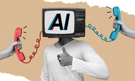 Artificial intelligence customer service concept collage art. Person with tv head, AI text on screen giving ok hand gesture, hands holding retro telephone connected to the head.の写真素材