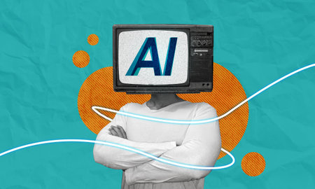 Human with AI TV Head collage art. Artificial Intelligence concept, thinking like an AI.の写真素材