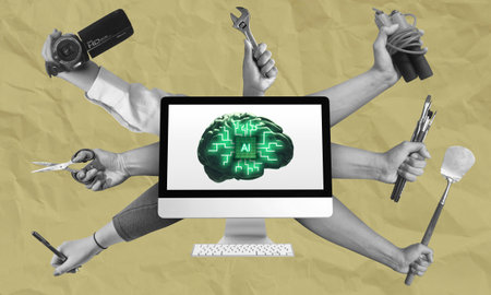 Multitasking AI assistant concept collage art. AI brain computer capable of doing multiple things at once, hands holding different kinds of equipment representing different tasks.の写真素材