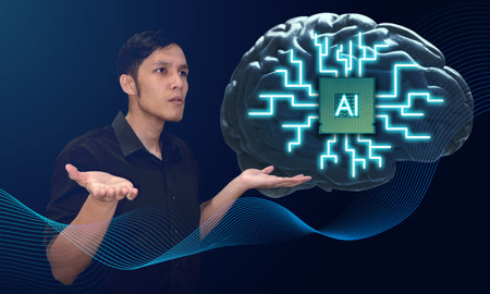 Young Asian man raising concern regarding the ethical usage of Artificial intelligence. AI chip installed on plastic brain on the background. Futuristic Neon blue wave pattern flowの写真素材