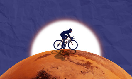 Cycling on mars surface collage art. Futuristic concept of life on planet mars. Person wearing space helmet. Space X multiplanetary life mission.の写真素材