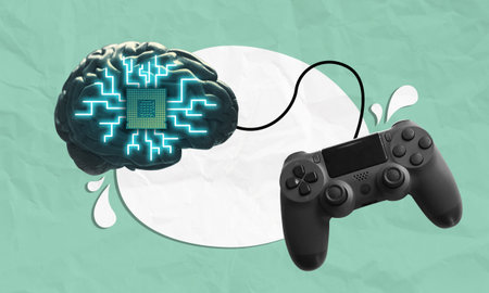 Brain control concept collage art. CPU chip implant on a brain controlled by game console...