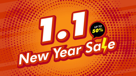 1.1 January New Year sale template for shopping advertisement campaign. Orange poster with thunder elements. Ads for web, social media, online shoppingのイラスト素材