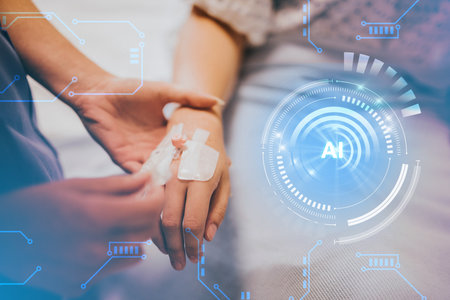 AI assistant technology in medical treatment. Patient receiving IV drip, virtual graphic artificial intelligence interface with blue glowing light.の写真素材