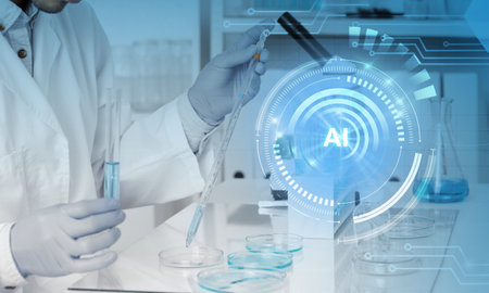 AI assistant in biotechnology science experiment. Artificial intelligence augmented reality virtual interface in a lab helping scientist testing substance.の写真素材