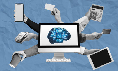 Multitasking business AI assistant concept collage art. AI brain computer capable of doing multiple things at once, hands holding different kinds of equipment related to businessの写真素材