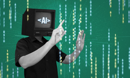 Collage art of AI analyzing data concept. Man with tv head representing artificial intelligence...