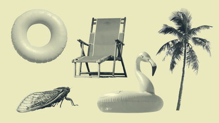 Vintage summer objects collage isolated, colored in yellow monochrome tone. Vector illustrationの写真素材