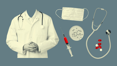 Vintage medical and healthcare collage isolated, colored in yellow monochrome tone on dark blue backgroundの写真素材