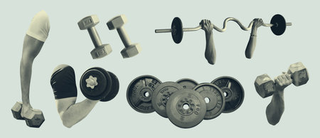 Gym equipment and activities design elements vintage collage collection. Vector illustrationの写真素材