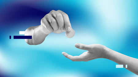 Hand giving coin to another hand collage art isolated on abstract blue gradient background. Donation...